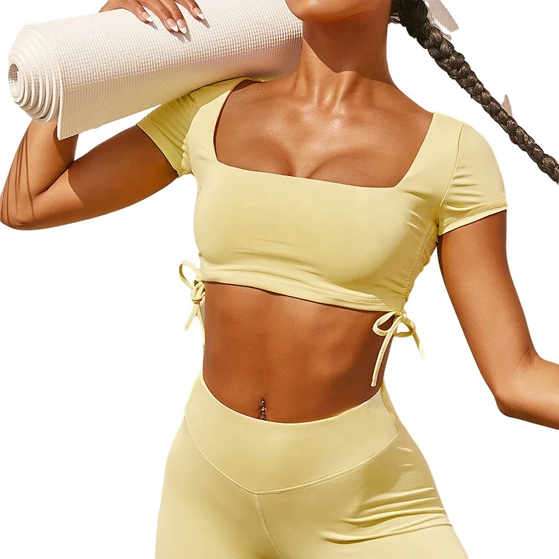 

Best Womens Drawstring Fitness Wear Backless Hollow Out Sexy Crop Top Strap Shorts Sports Yoga Clothing Set, Yellow