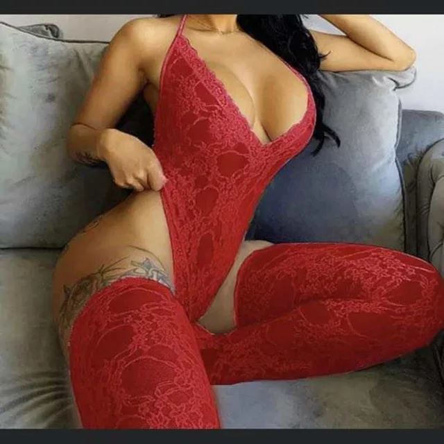 

Women Sexy See Through Backless Deep V Erotic Romper Red Lace Bodysuit With Socks Lingerie Set, Picture shown