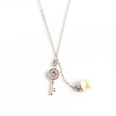 

korean 925 sterling silver necklace key shell pearl diamond collarbone chain necklace, White gold