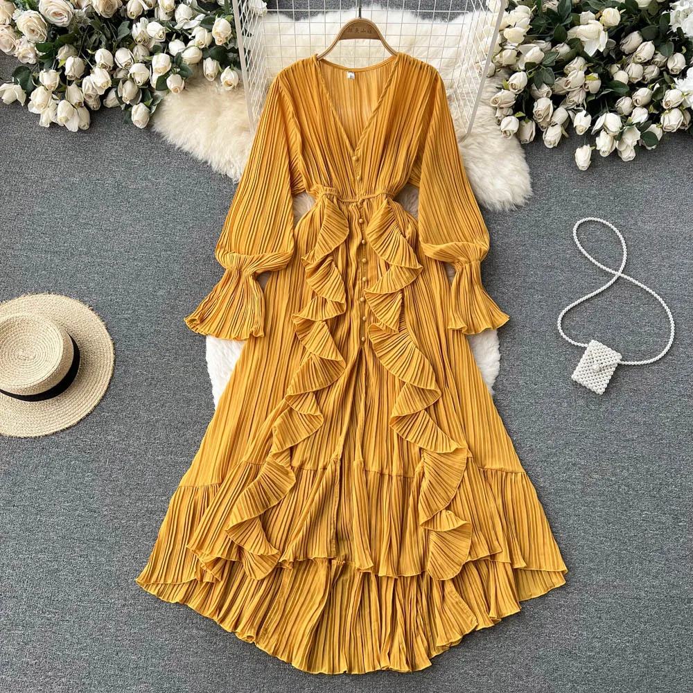 

Seaside Resort Chiffon Long Skirt Women's Lotus Leaf Lace V-neck Temperament Pleated Waist Ruffles Dress For Women