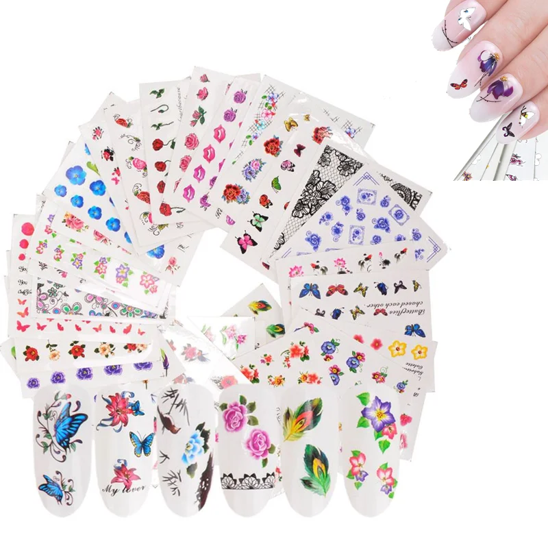 

DIY Nail Decals 50 Sheets Nail Art Sticker Water Transfer Butterfly Flowers Feathers Colorful Transfer Watermark Nail Stickers, 50 different kinds of