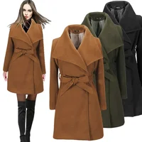 

New Fashion Women girls winter lapel belt solid woolen overcoat hot style ladies warm clothing long trench coat