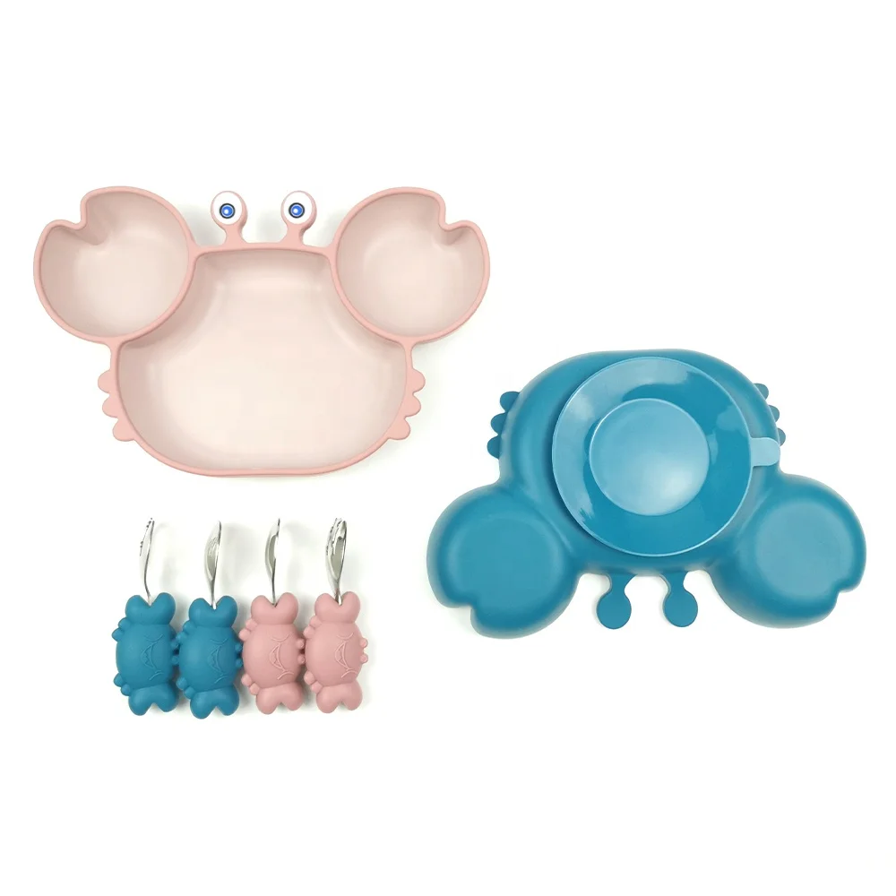 

Food Grade Crab Plato Silicon Eco-friendly Baby Feeding Plates With Cutlery BPA Free In Stock Customized Logo And Brand