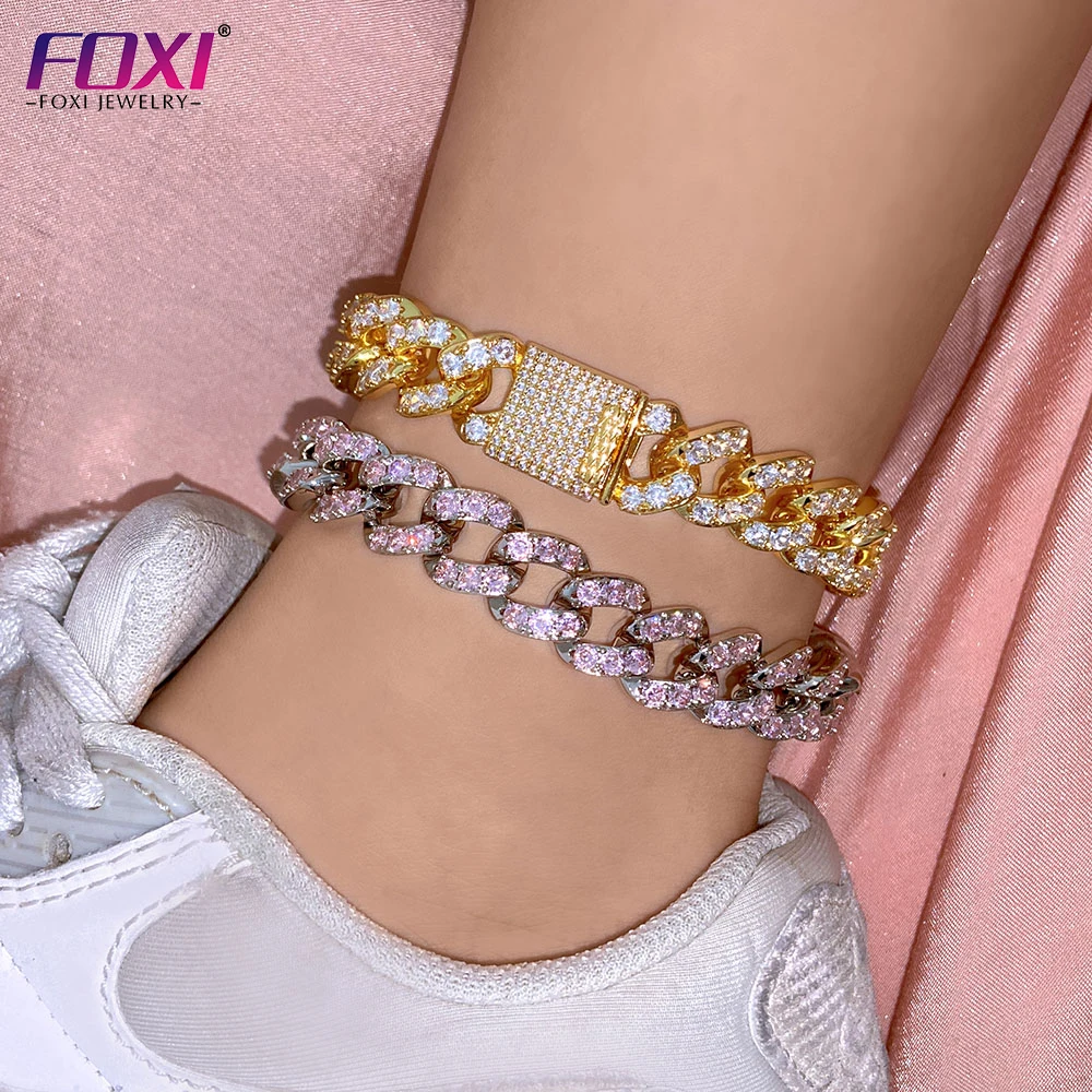 

Hip hop women men jewelry 925 sterling silver plated frosted iced out cuban link anklet bracelets