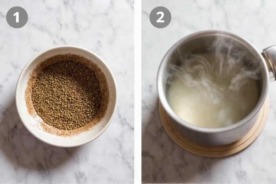 Step-by-step preparation of cumin water showing seeds boiling in small pot with steam rising