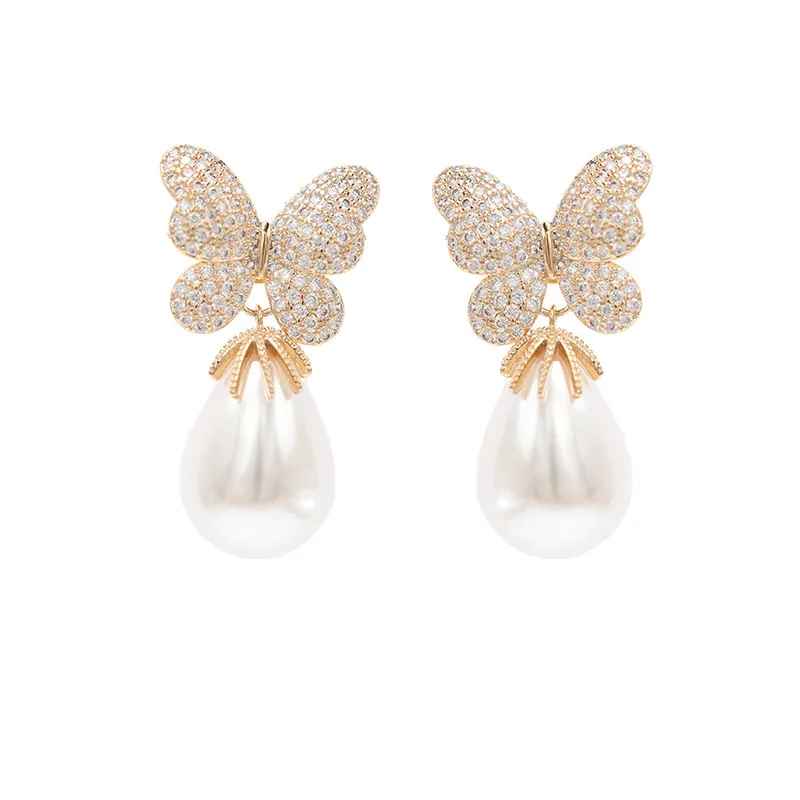 

MSYO Fashion Rhinestone Butterfly Earrings Exaggerated Pearl Earrings For Women