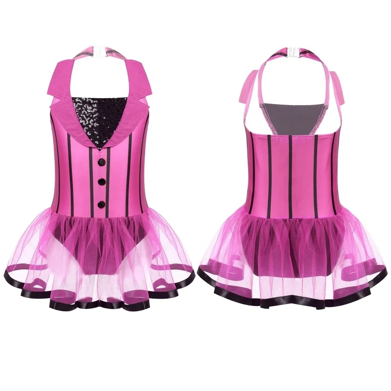 

Girls Sleeveless Halter neck Open Back Sequin Modern Jazz Leotard Dance Mesh Dress