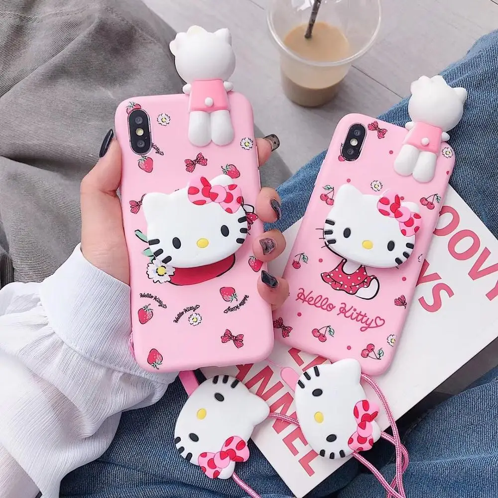 

For iPhone 11 Pro Max 11 Pro Xs X 7 8 Hello Kitty 3D Doll Holder Stand Strap Cute Soft Case