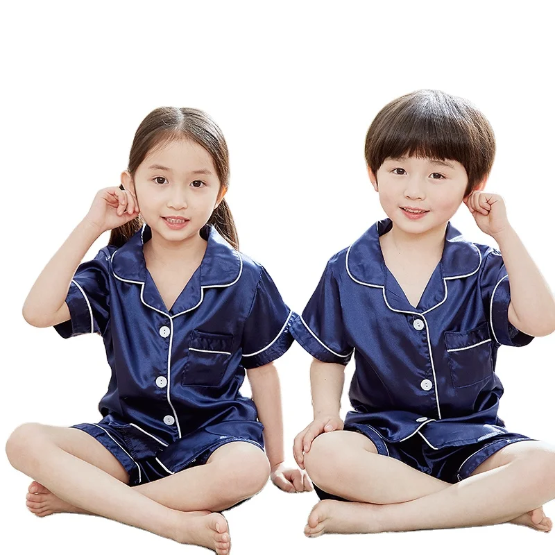 

Wholesale Summer satin silk kids pajamas sets short sleeve boy's sleepwear pyjamas