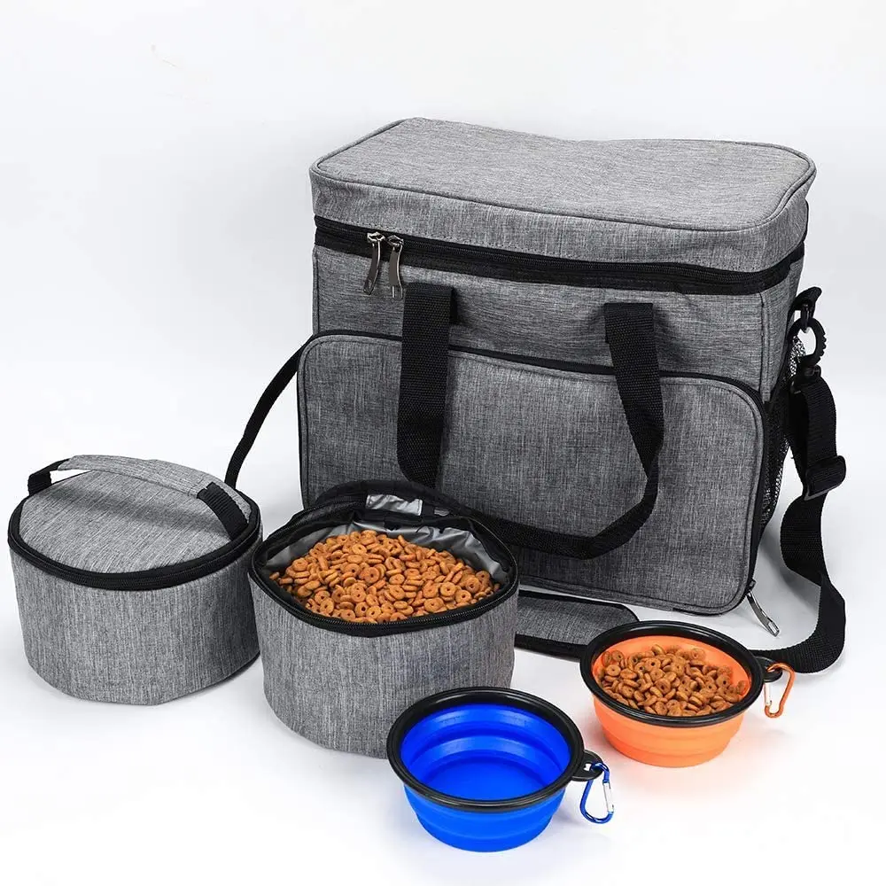 

Pet weekender travel bag tote organizer bag for pets travel food bag Includes 2 Food Storage Collapsible Feeding Bowls, Grey