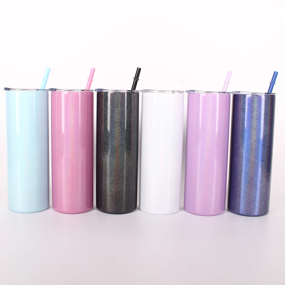 

20 oz Glitter sublimation blank Stainless Steel skinny tumbler slim Straight Cup with Seal Lid and metal straw, Customized colors acceptable