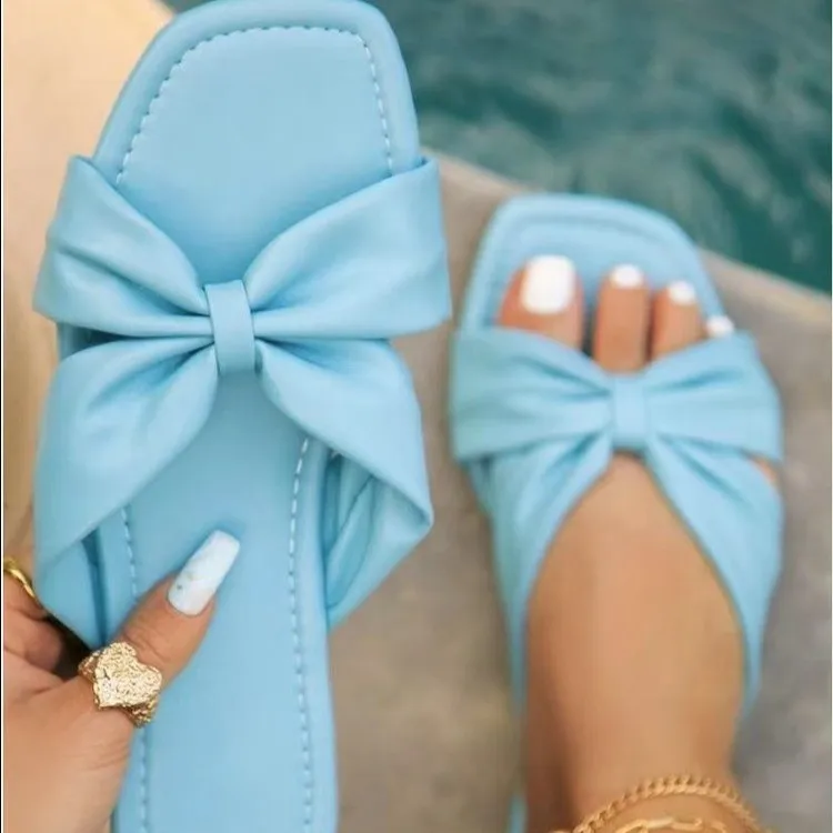 

Luxury Designer lady bow slippers elegant pu leather flat slippers bow flat sandals for women, Picture