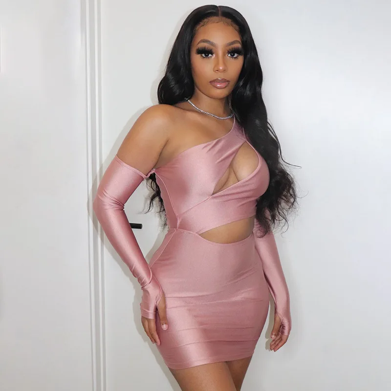 

One Shoulder Cut Out Hot Bodycon Dresses Woman Party Night Sexy Long Sleeve Clubwear Fashion Mini Dress Autumn Winter, Shown