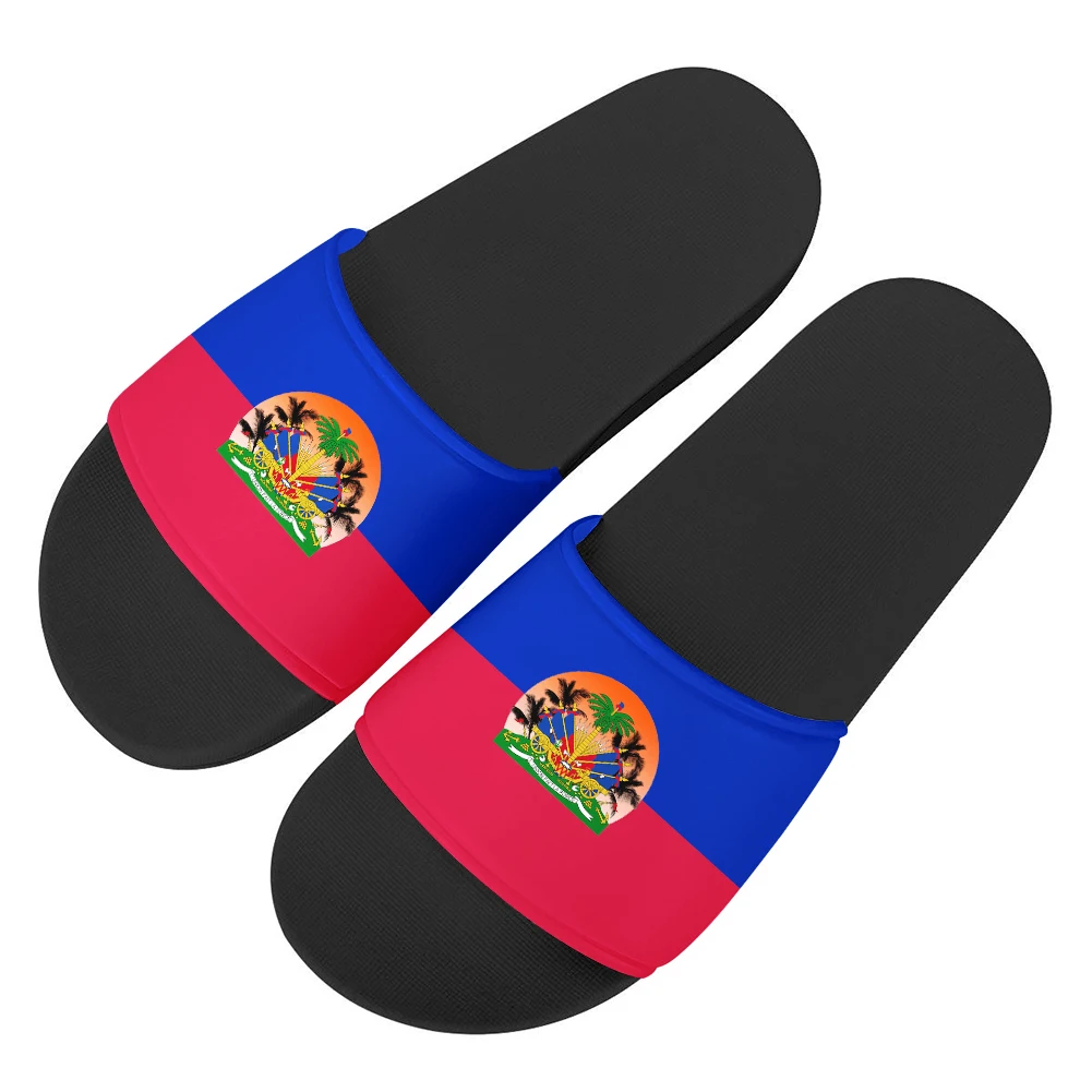 

Summer Beach Slippers Haiti Red And Blue Haiti Flag Printing Slides Sandals Men Women Couple Home Sandal Black And White Soles, Like picture shows,support custom