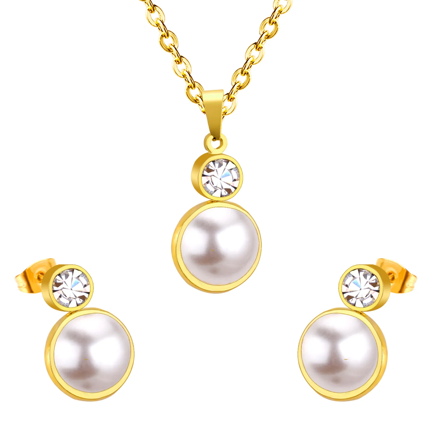 

Fashion Stainless Steel 18k Gold Fresh Pearl Women Jewelry Sets For Girl, Gold/steel