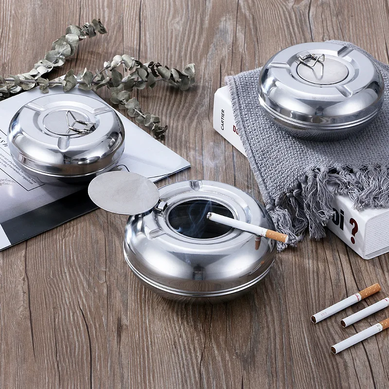 

Creative Sstainless Steel Ashtray With Lid Storage Pot Bar Hotel Metal Ashtray, Picture