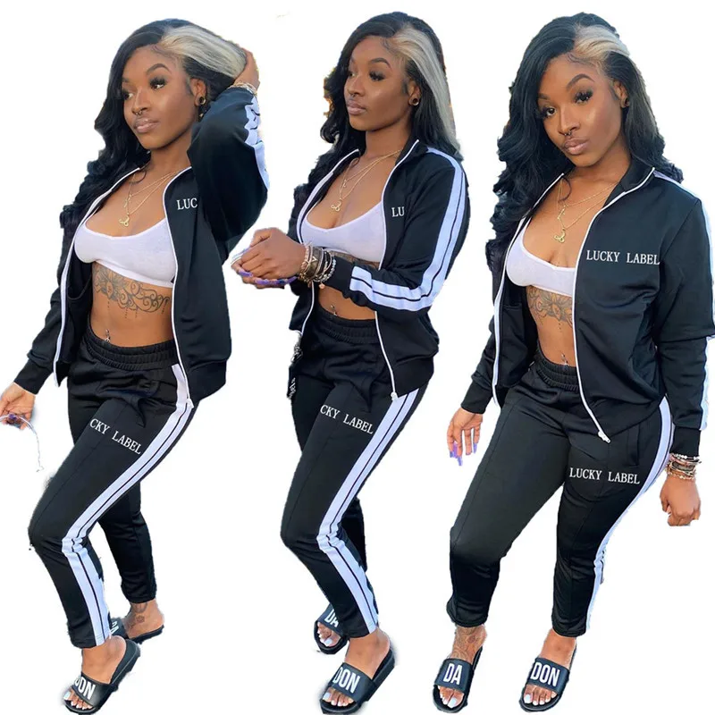 

Autumn 2021 fashion costume pour femme streetwear gym tracksuit long sleeve solid zipper print sport pink two piece pants set