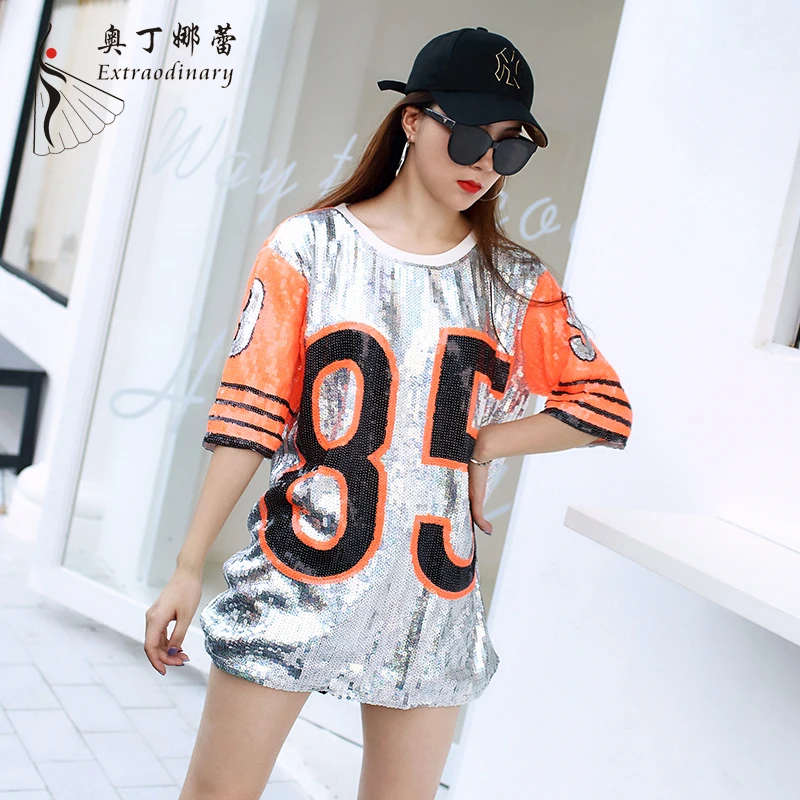 Fashion Women T Shirt custom Performance Summer Sequin Hip Hop Long t-shirts