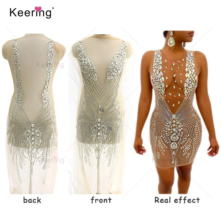 

High end Handmade Appliques Keering stock Shiny glass dress panel crystal bodice applique WDP-066, Silver/clear