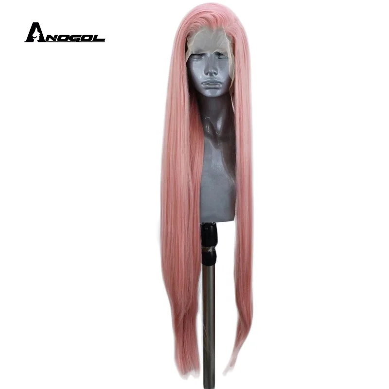 

Anogol Long Straight Lace front wig Pink Synthetic Wigs for White Women