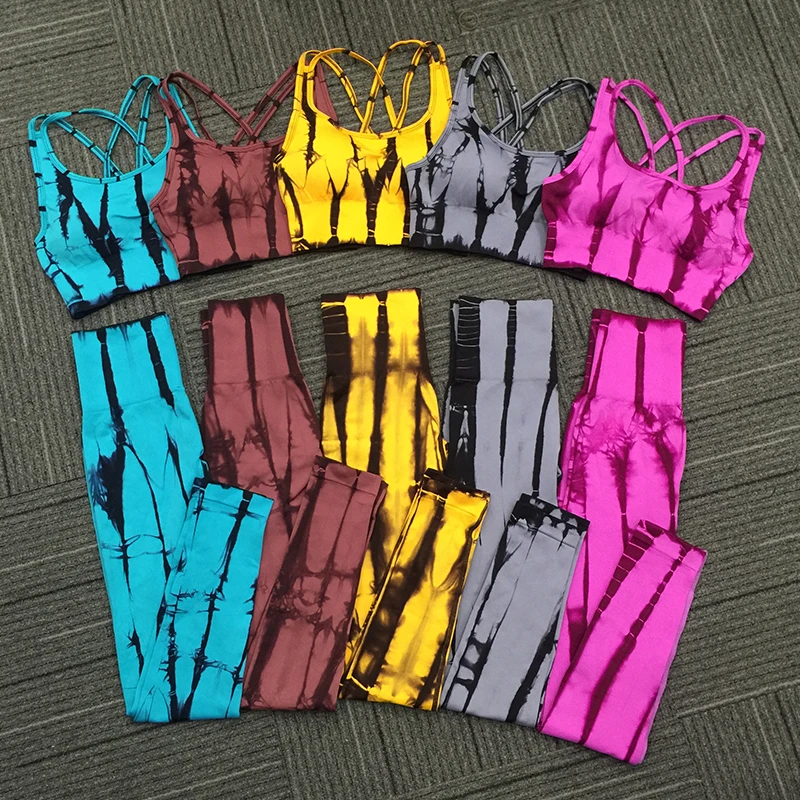 

Five Colors Stylish Tie dyed Sport Gym wear Set Seamless Breathable Fabric Women Fitness Yoga Set, As picture