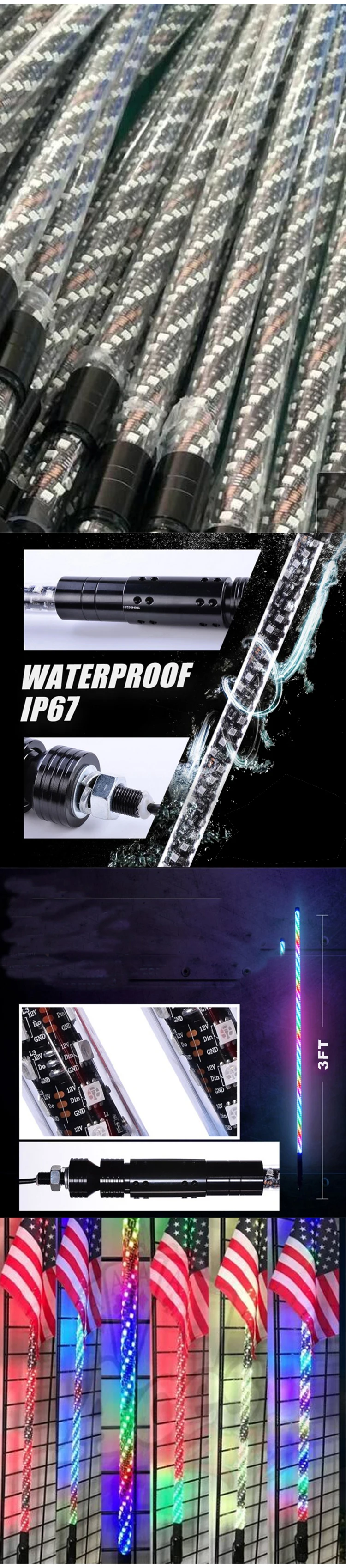 2020 3FT 360 degree Spiral LED Whip Auto Switching RGB Chasing Dancing LED Light Whip For Buggy ATV UTV LED Safety Warning Light