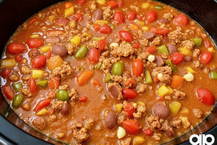 Healthy turkey crockpot chili recipe with ground turkey, vegetables, and spices