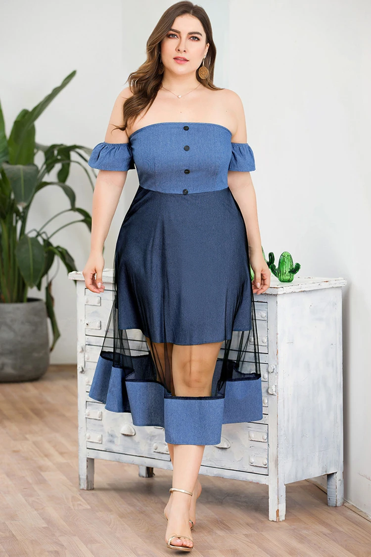 Off Shoulder Wrapped Chest Short Sleeve High Waist Mesh Splicing Large Size Women Denim Dress