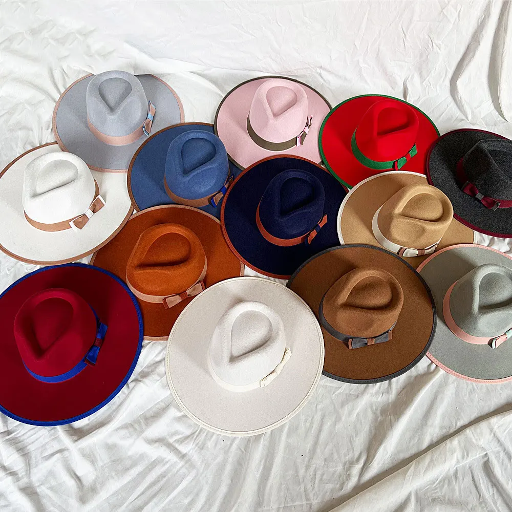 

2023 New Autumn Winter Wide Brim top hat high grade fabric fashion women men hats fedora two color bow fedora hats wholesale