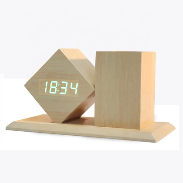 

wooden digital temperature thermometer pen holder alarm clock for gift & promotion with cheapest price, Bamboo, black, brown