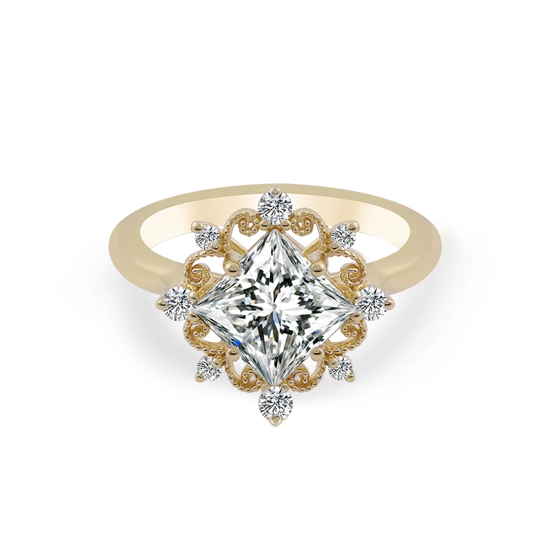 

Vintage style 7x7mm DEF color princess cut center moissanite 14k solid rose gold antique ring for engagement