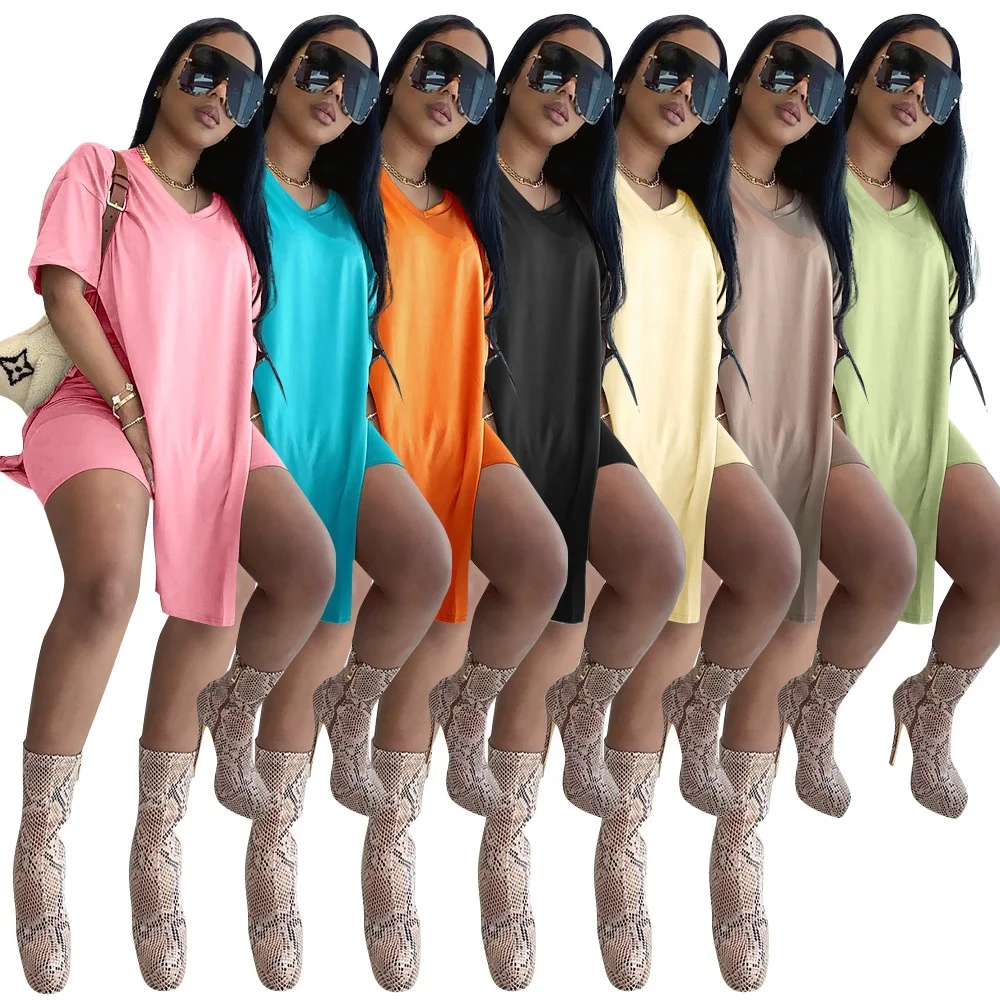

2021 Wholesale Fashion Women Casual Solid Color Slit V Neck Short Sleeve Two Pieces Mini Dress, Customized color