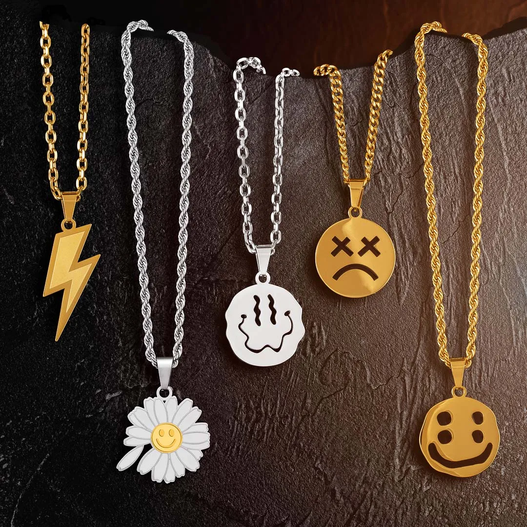 

KRKC Smile Emojii Face Jewelry Pendant Chain Jewellery Custom Charm Gold Plate Stainless Steel Human Happy Smiley Face Necklace
