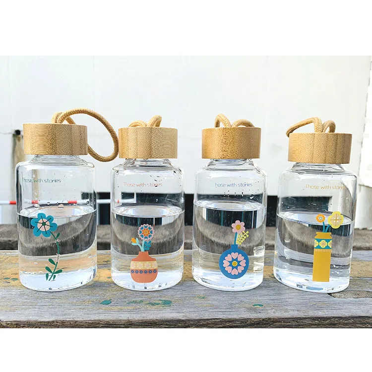 

Mini cute borosilicate glass water bottle with bamboo lid, Clear