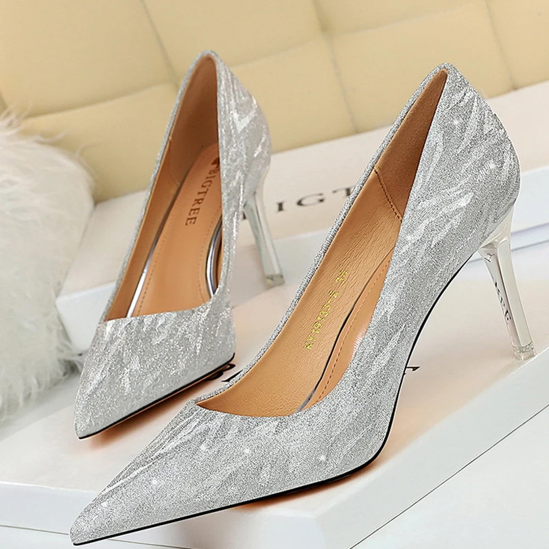 

BIGTREE Woman Pumps Silver Champagne High Heels Stiletto Wedding Sequins Women Heels Fashion Ladies Party Shoe