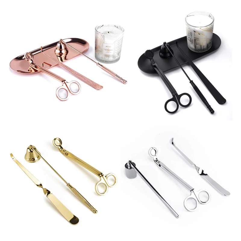 

Wholesale Hot Sale 4 Piece metal Candle Accessories Cutter Care Set Black Candle Scissors Wick Candle Accessory Set