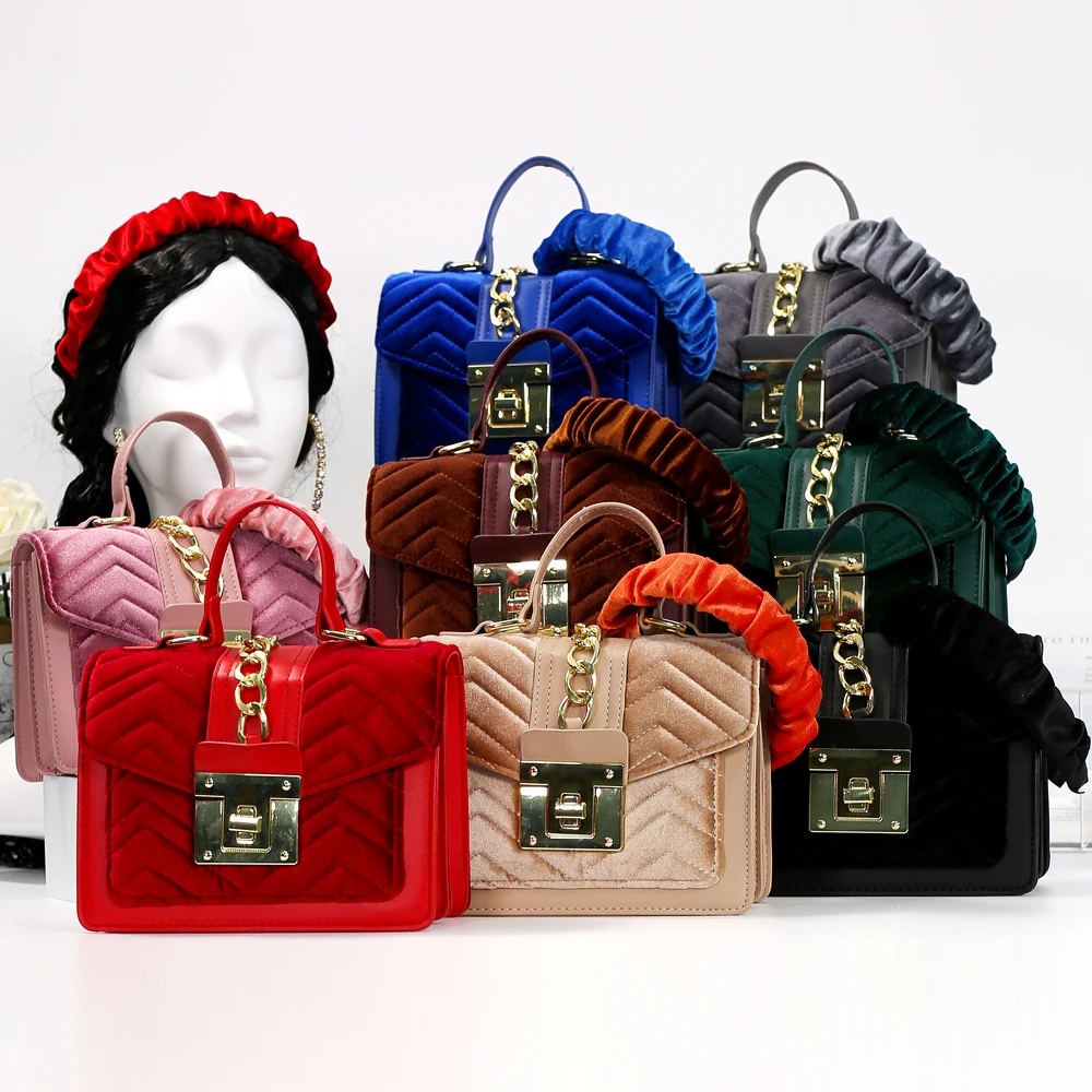 

Designer Women Velvet Hand Bag Set Quilted Bags Christmas Brands Purse With Hair Bands Luxury Purses Handbags Set For Women, Pink,black,yellow,brown,beige,green