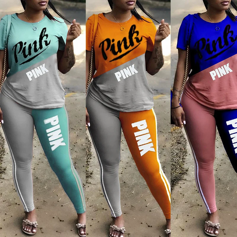 

2021 Hot Sale Summer Pink Letter Short Women Casual Set Two Piece Pants & top