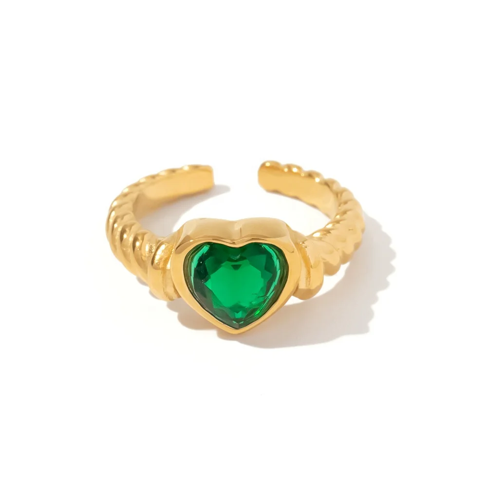 

18k Gold Plated Stainless Steel Uneven Surface Heart Shape Green Cubic Zirconia Opening Rings