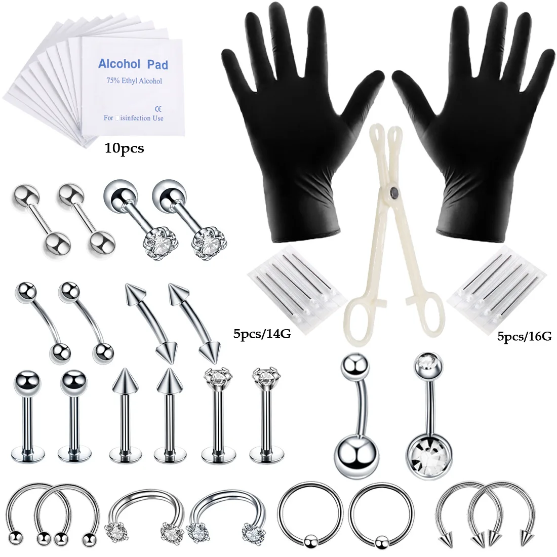 

YICAI 47pc/set Professional Piercing Zircon Belly Tongue Tragus Eyebrow Nipple Lip Nose Ring Stainless Steel Piercing Kit