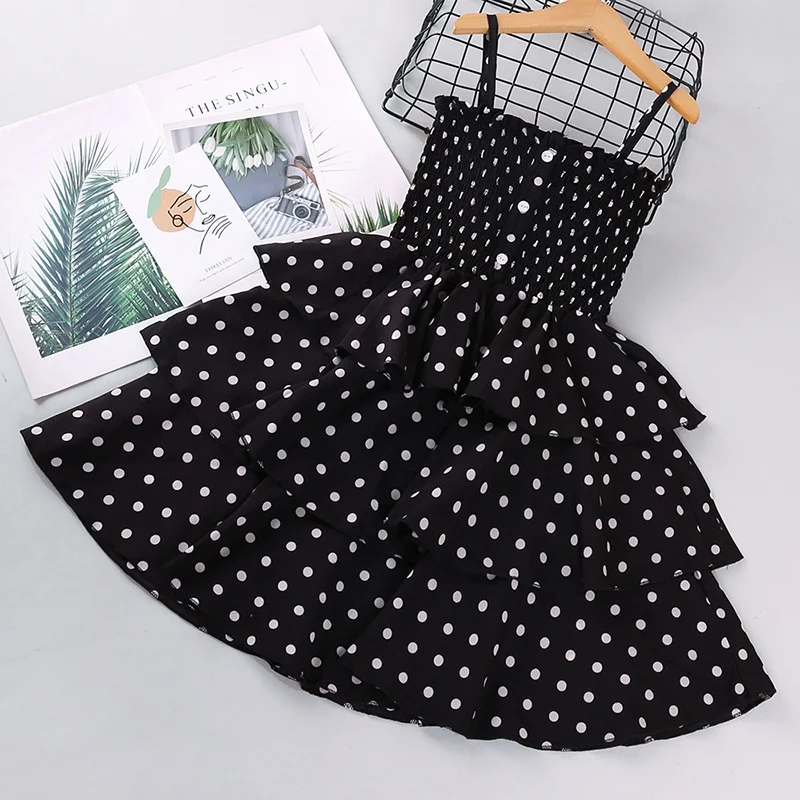 

B52797A Wholesale little girls summer fashion dot printed princess dress, Black