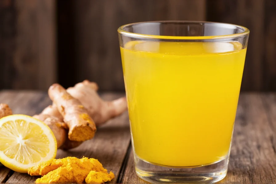 Close-up of golden turmeric water in glass with fresh turmeric root and lemon slices beside it