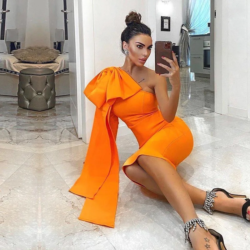 

Sexy Evening Long Sleeve Bandage Dress Celebrity Party One Shoulder Women Solid Bowknot Evening Dress