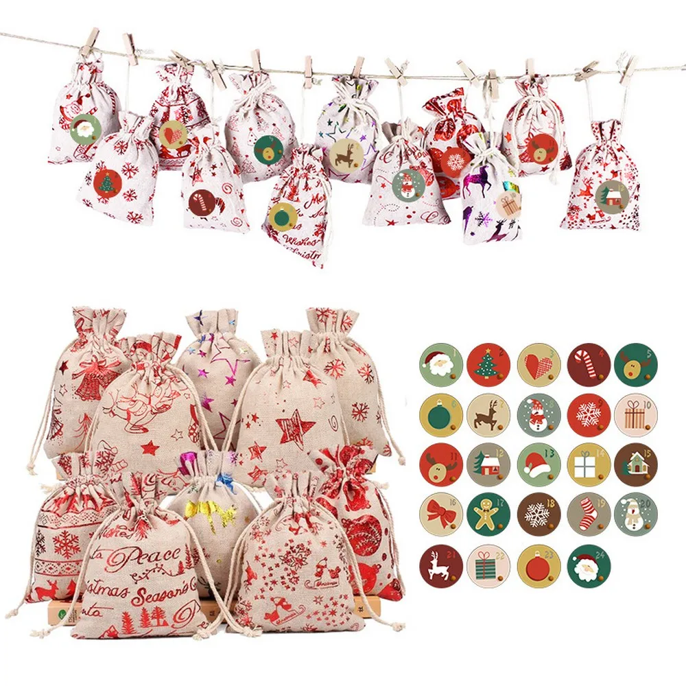 

24pcs Christmas Jute Bag Burlap Gift Bags Cotton Canvas Xmas Sacks Candy Bag with Drawstring Present Pouches, Ivory white