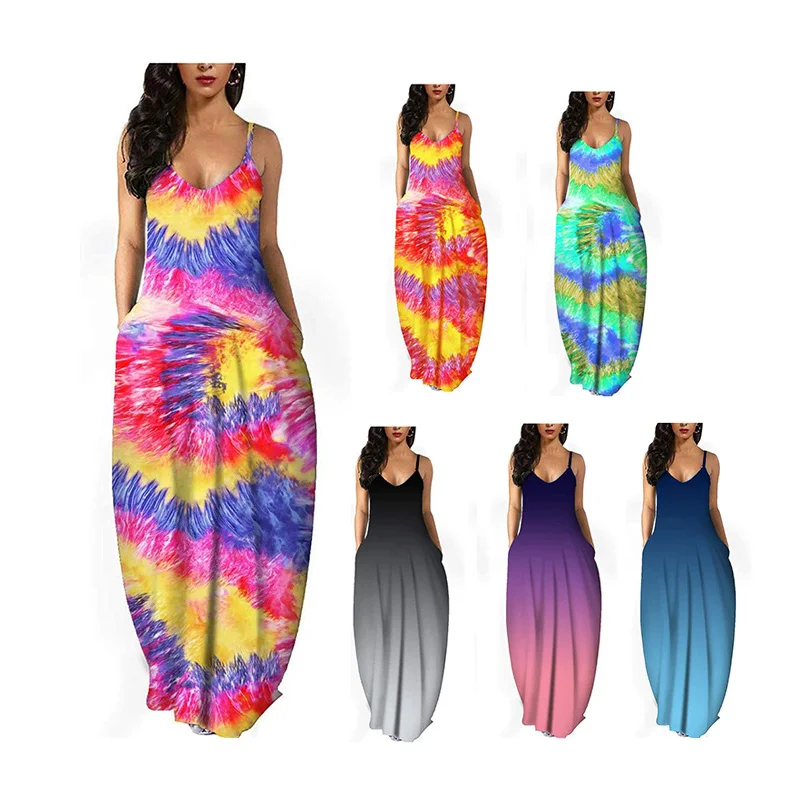 

2021 New Design Maxi Size Sexy V Neck Sleeveless White Maxi Dress Tie Dye Dress