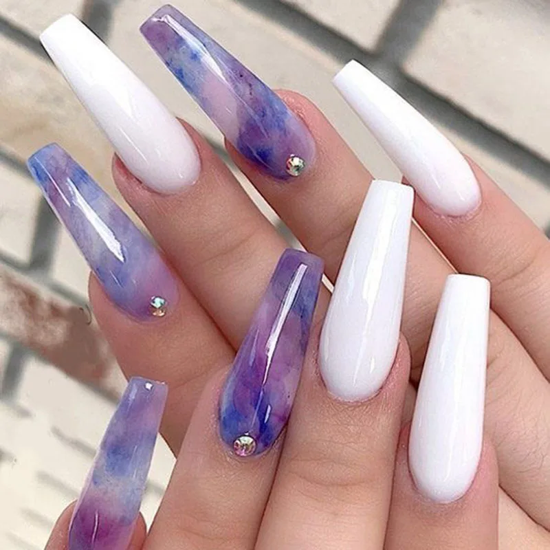 

2021 Autumn Extra Long Ballerina Fake Nails Fashion Misty Gradient Blue Ultra-thin Press On Nails With Diamond, Multiple colors