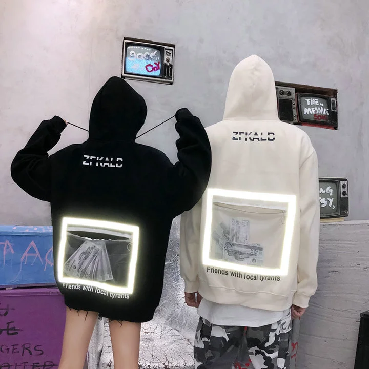 

Custom Autumn and winter Plush couple's sweater hip hop style transparent reflective large pocket hoodie for lovers
