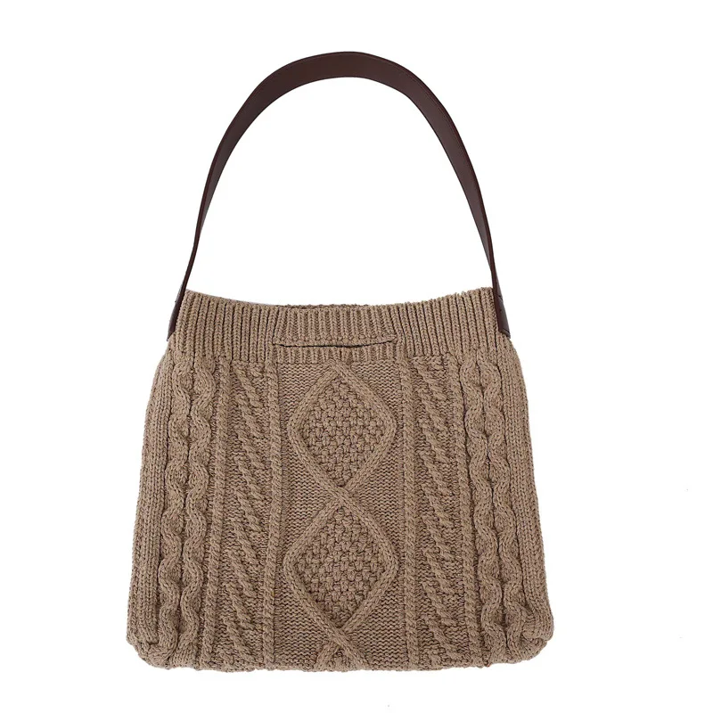 

Women Winter Blank Wool Knitting Knit PU Shoulder Bag Soft Stretch Cable Knit Casual Ladies Handle Tote Bag, Brown, coffee, black, khaki or customized