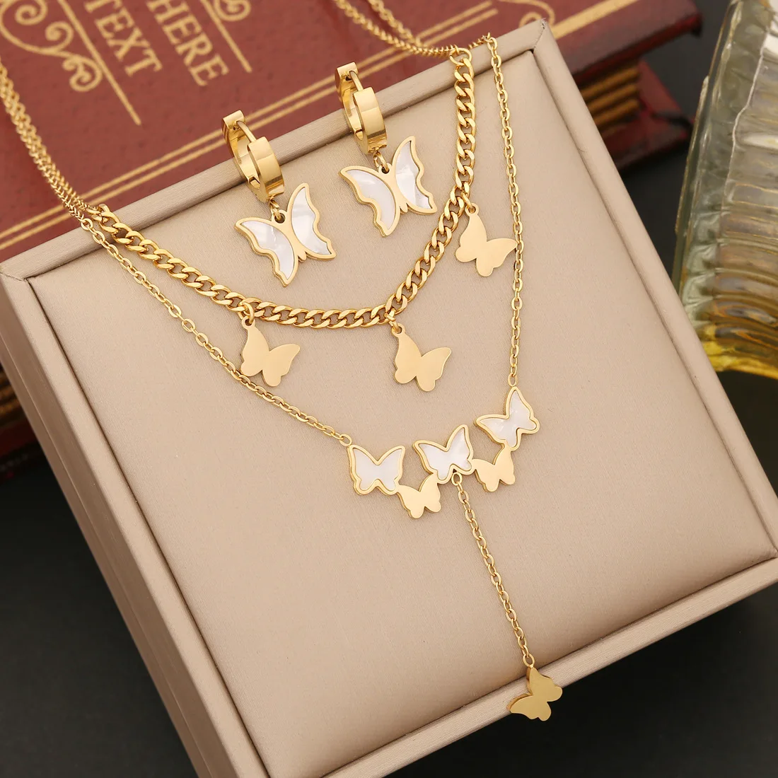 

Fine Butterfly Shell Stainless Steel Zirconia 18k Gold Plated Necklace Bracelet Earrings Indian Cute Jewelry Sets Gift for Women