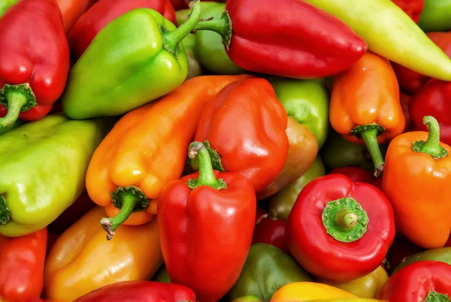 Colorful assortment of different pepper varieties showing their botanical fruit structure with seeds